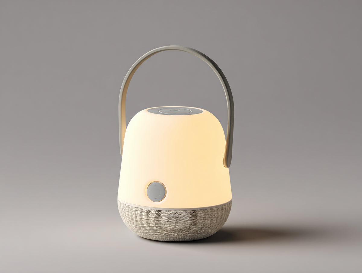 Lampada Da Scrivania portatile 22×22×32 cm - diffusore beige e tessuto grigio - manico ad arco con altoparlante integrato per Camera Da Letto