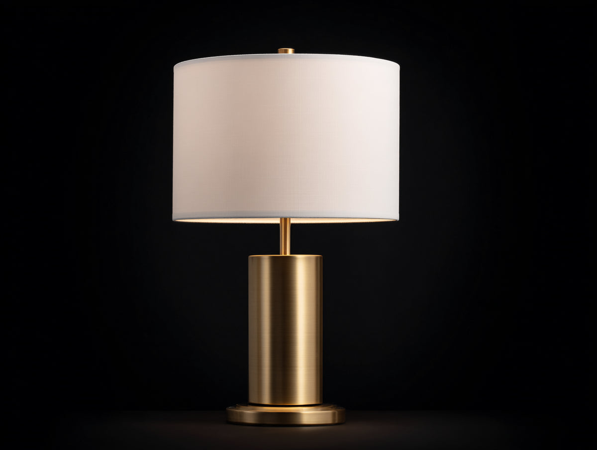 Lampada Da Scrivania 40×40×58 cm - metallo ottone e tessuto bianco - paralume a tamburo con base cilindrica per Camera Da Letto