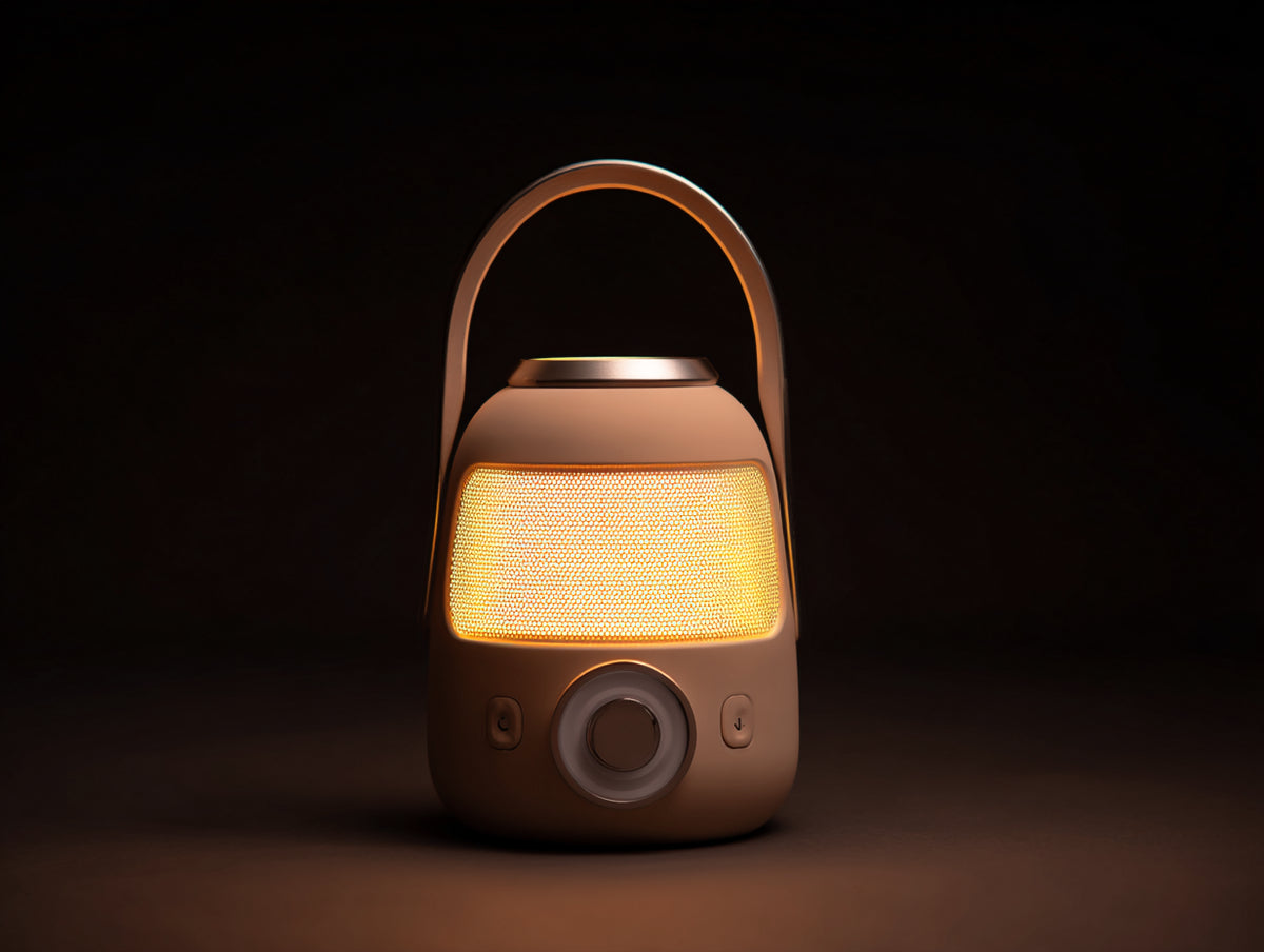 Lampada Da Scrivania portatile 22×20×31 cm - materiale beige e dettagli rame - diffusore frontale con altoparlante e manico per Camera Da Letto