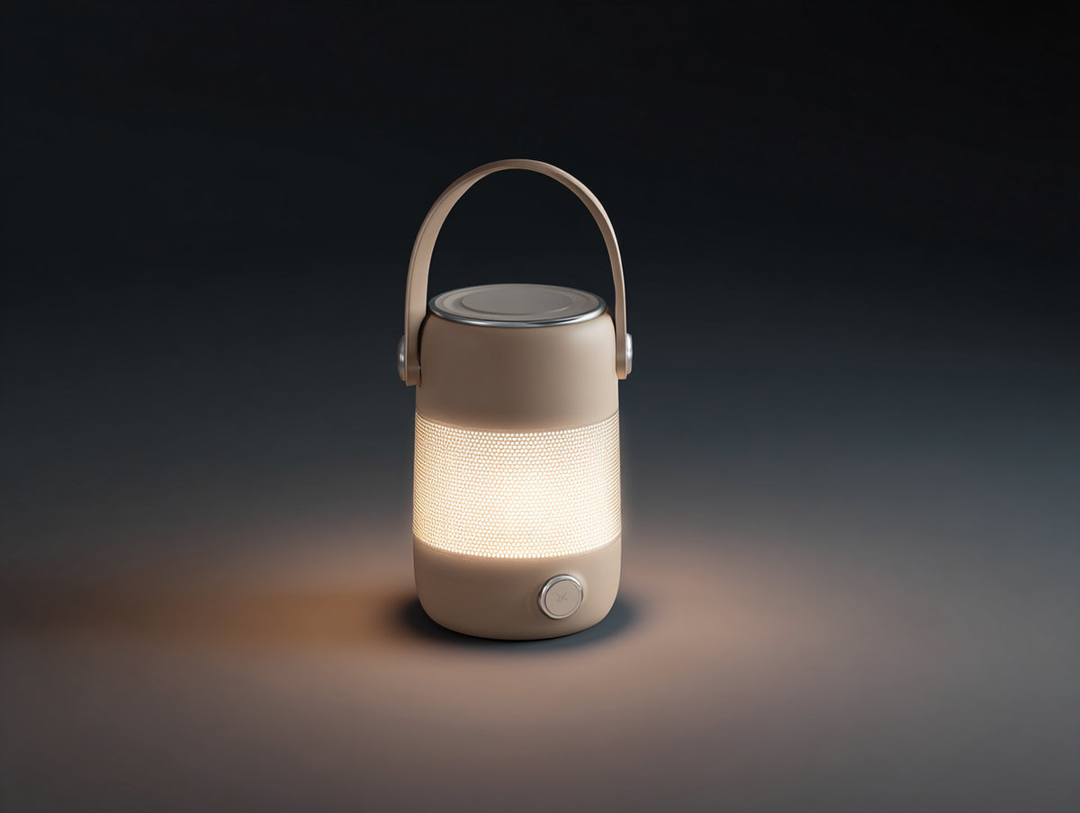 Lampada Da Scrivania portatile 16×16×30 cm - materiale beige opaco e finiture argento - corpo cilindrico con luce traforata per Camera Da Letto