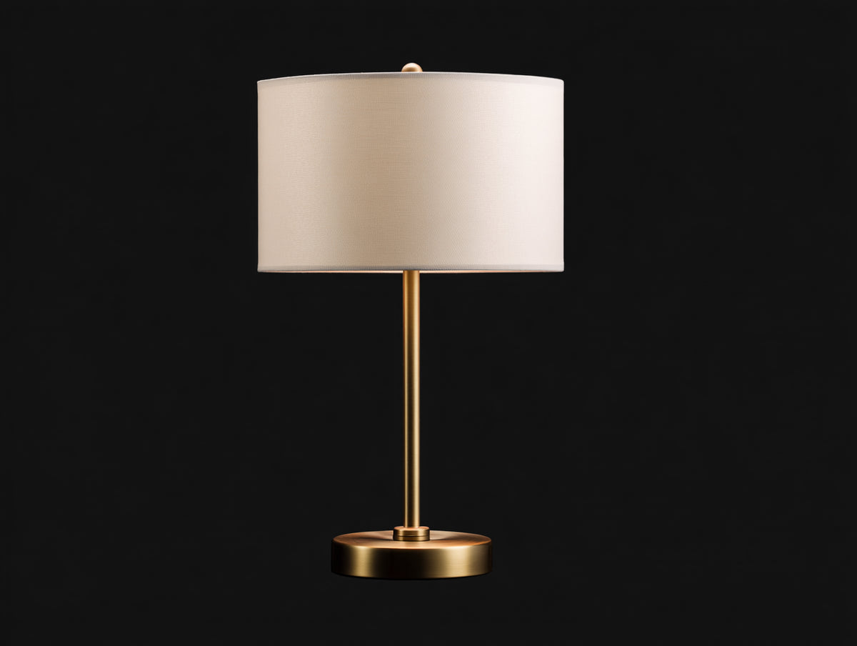 Lampada Da Scrivania 38×38×65 cm - metallo dorato satinato e tessuto avorio - stelo lungo con base a disco per Camera Da Letto