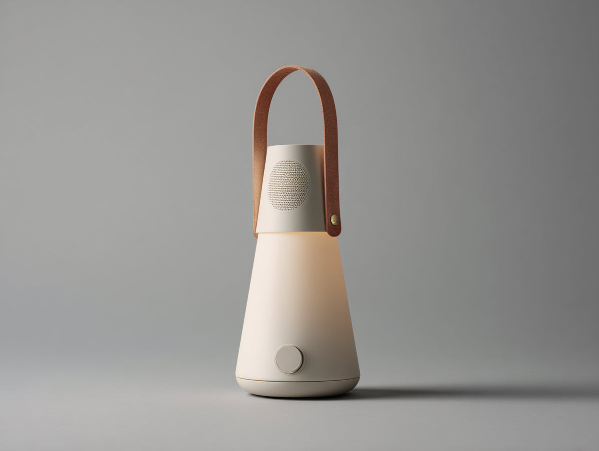Lampada Da Scrivania portatile 18×18×38 cm - corpo avorio e manico marrone - forma conica con altoparlante frontale per Camera Da Letto